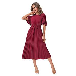 Milumia Women's Elegant Belted Pleated Flounce Sleeve Long Dress, L