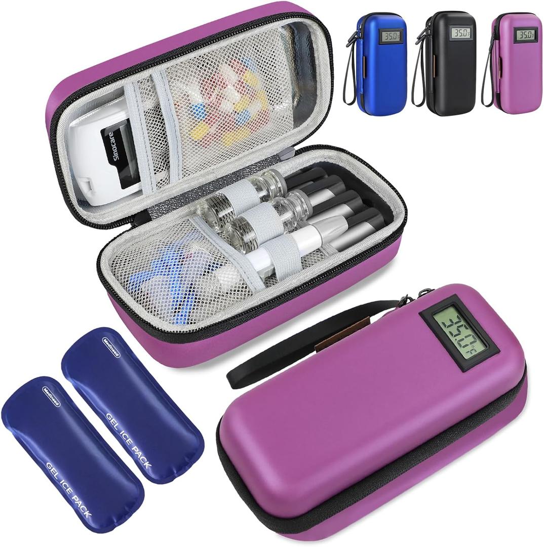 Insulin Cooler Travel Case, Portable Temperature Display Medicine Travel Cooler, Diabetes Case with 2 Reusable Ice Packs TSA Approved for Diabetic Supplies Patent Pending(Purple)