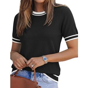 LOMON Short Sleeve Sweater for Women Light-Weight Crew Neck Summer Tops Dressy Casual Women's Clothes 2026, (Black, L)