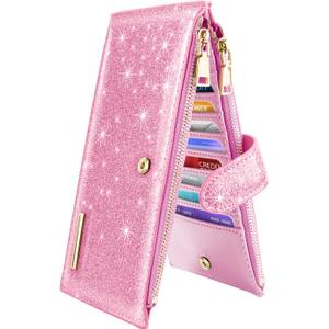Coco Rossi Womens RFID Blocking Glitter Leather Multi Card Organizer Bifold Black Wallet with Zipper Pocket, Pink Glitter