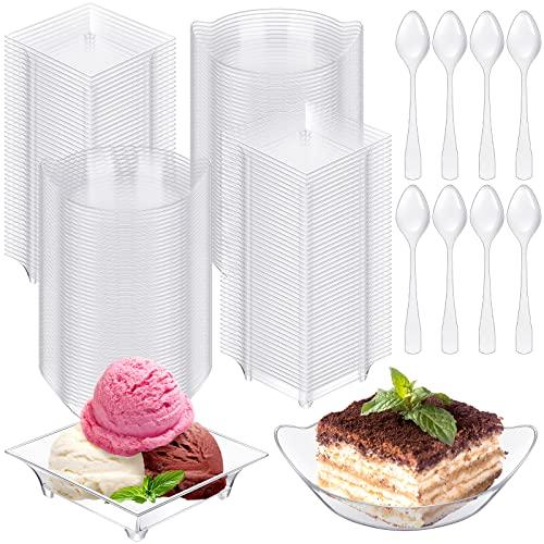 Eaasty 400 Pcs Mini Dessert Plates with Tasting Spoons Disposable Serving Trays 100 Pcs Small Square Appetizer Plates and Clear Plastic Trays with Mini Spoons for Desserts Party Fruit (Oval Leaf)