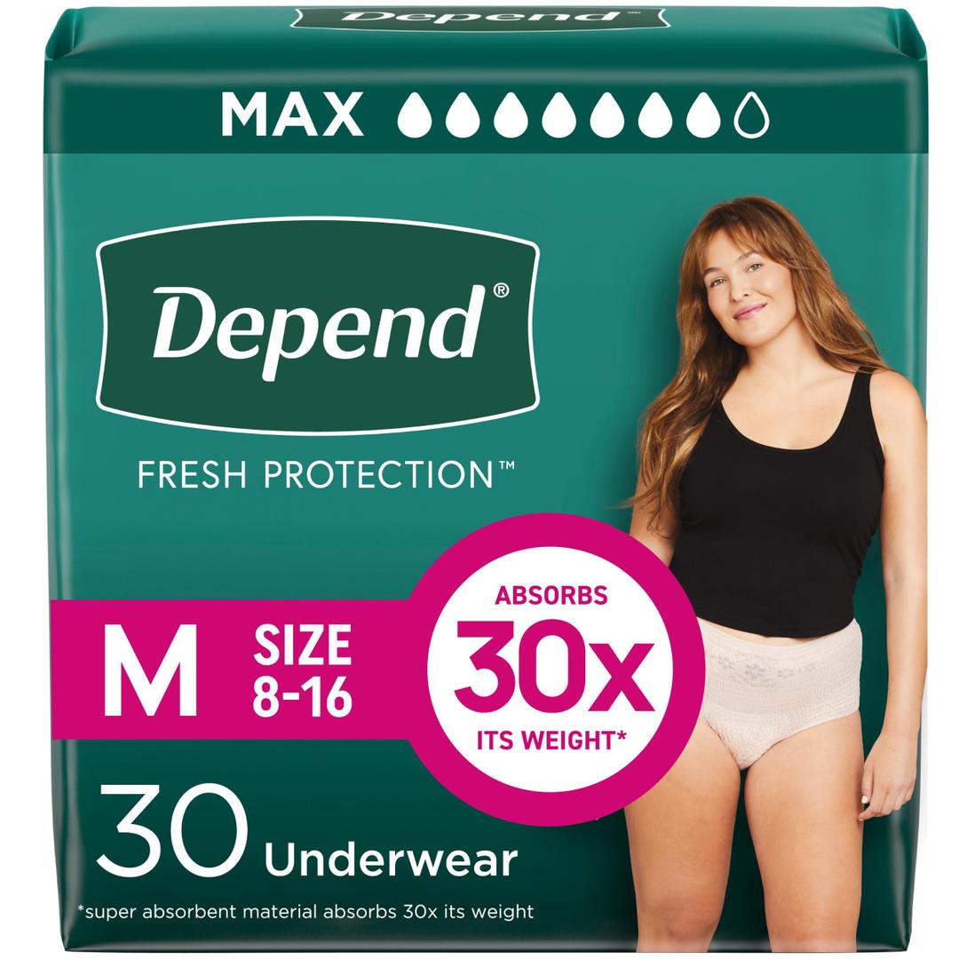Depend Fresh Protection Adult Diapers, Incontinence & Postpartum Bladder Leak Underwear for Women, Disposable, Maximum, Medium, Blush, 30 Count,  M