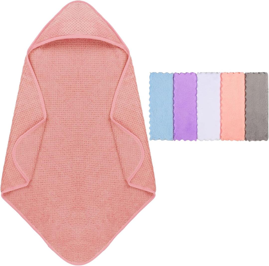 Orighty Baby Hooded Towel with Five Washcloths, 28 x 28 Inch Super Soft Bath Towel with Hood for Babies, Infant, Newborn Essential - Ideal Baby Stuff Registry for Boys and Girls (Pink) (1 Pack)