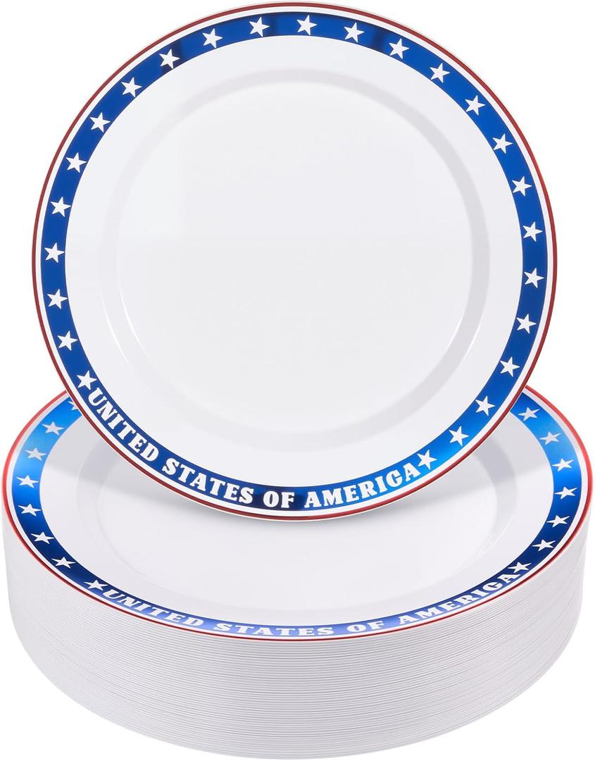 BESTVIP 50Pcs 4th of July Plastic Plates 10 Inch - Heavy Duty American Flag Patriotic Disposable Plates, Red White Blue Dinnerware for Independence Day Veterans Day BBQ party supplies