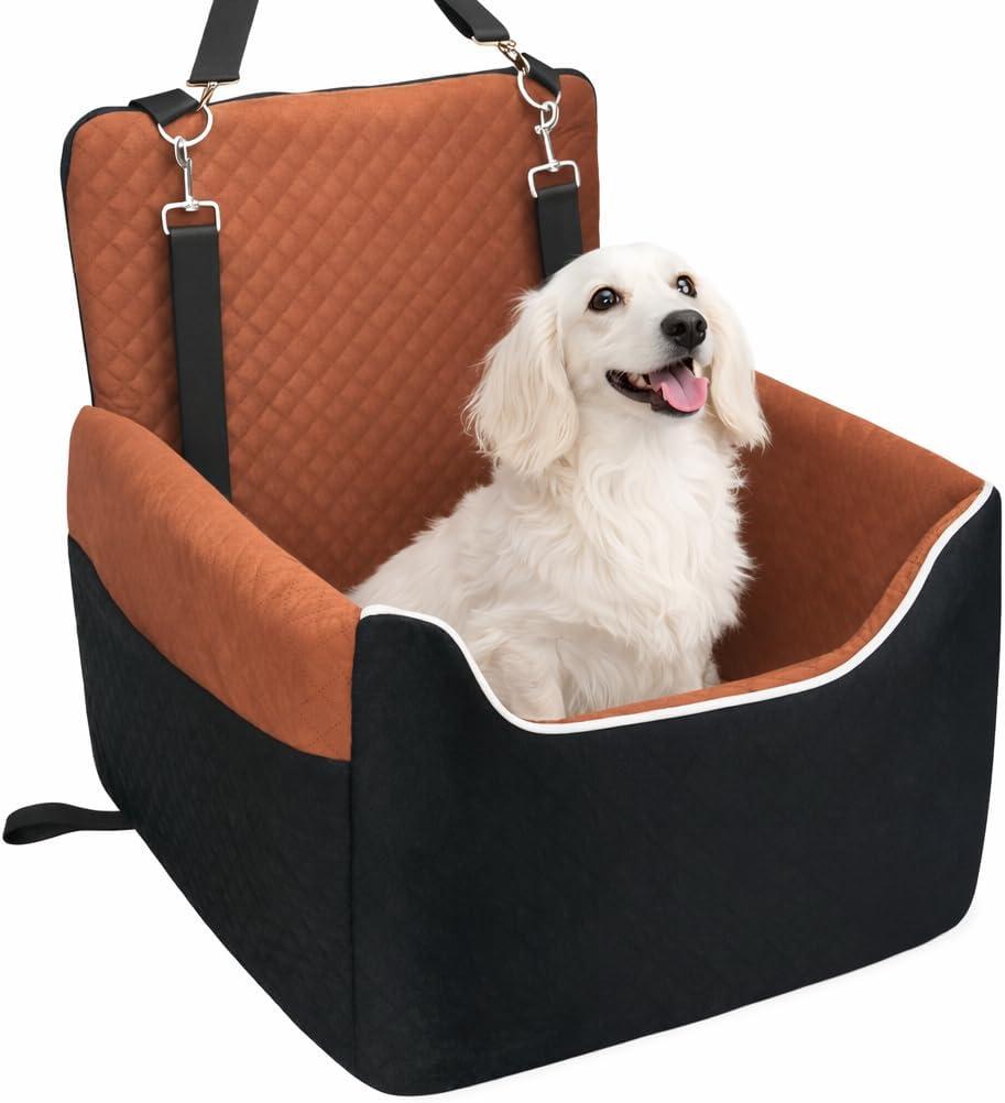 Dog Car Seat for Small/Medium Dogs Under 35lbs, Soft Booster Car Seat with Detachable Washable Cover and Cushion, Memory Foam Pet Car Seat with Safety Belt and Storage Pockets, Puppy Dog Car Bed (Brown)