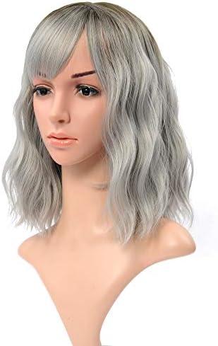 VCKOVCKO Ombre Color Natural Wavy Wig With Air Bangs Black to Gray Colorful Short Bob Wigs for Women's Shoulder Length Wigs Curly Wavy Cosplay Wig Bob Wig for Girls(12",Black-Gray)