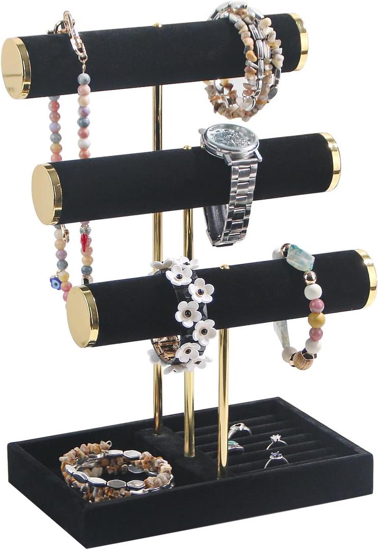 Necklace Holder,Bracelet Display,Jewelry Organizer Stand with Earrings Rings Tray,Jewelry Holder for Scrunchie Watches (Black, 3 Tier)