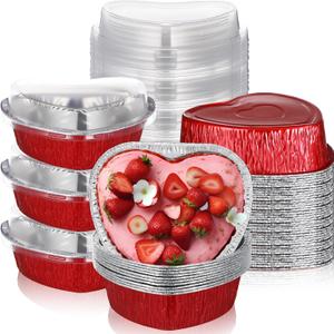 Hushee 36 Pcs 27oz Valentines Heart Shaped Aluminum Foil Cake Pan with Lids 7.4" Red Large Disposable Valentines Food Baking Pan Packing Tins Takeaway Containers for Valentine's Day Party Supplies