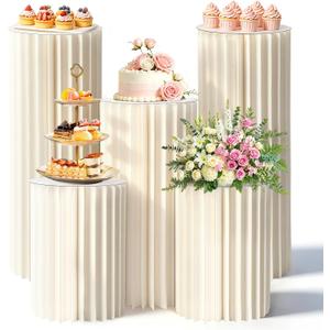 5 Pack Cylinder Stands for Party, 15.7" + 23.6" + 31.5" Height | Foldable Cardboard with 5 Pcs Acrylic Disc, For Birthday Party, Wedding, Family Gathering & Decorative Display