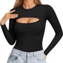 ALGALAROUND Women's Cutout Tops Basic Long Sleeve Round Neck Slim Fit T-Shirts (Medium)