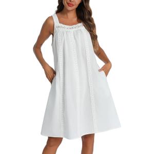YOZLY Cotton Nightgowns for Women Sleeveless Tank Night Gown Sleepwear with Pockets (3X-Large, A-Solid White)