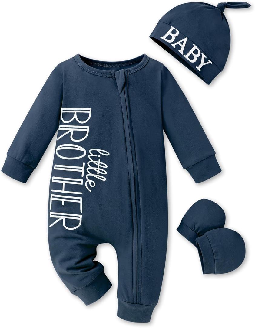 Baby Boy Clothes Letter Print One Piece Romper Baby Coming Home Outfits with Hat Newborn Boy Outfits (Navy Blue)