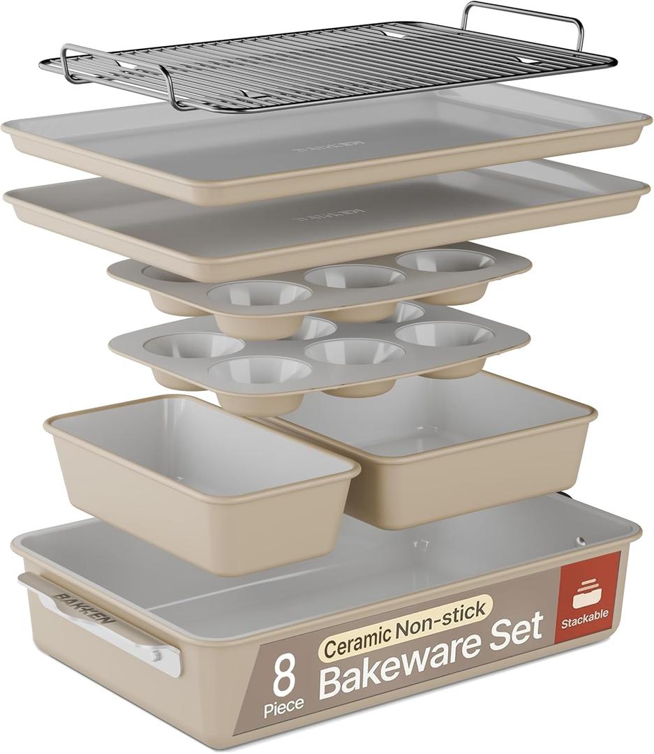 Bakken 8-Piece Ceramic Coated Bakeware Sets, Nonstick Aluminized Steel Pans with Muffin, Loaf, Cake, Roasting Pan, & Cooling Rack, Oven Safe Up To 500F, Dishwasher Safe, BPA, PTFE & PFAS Free, Cream