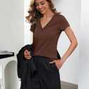 Prettywear Women's V Neck T Shirt Short Sleeve Summer Shirts Cotton Tops Basic Casual Trendy Tee (Brown, S)