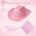 Coume 9 Pcs Pink Cowgirl Cowboy Western Hat with Crown Princess Sequin Bachelorette Party supplies Heart Glasses Paisley Bandanna for Western Rodeo Party Halloween Christmas Cosplay