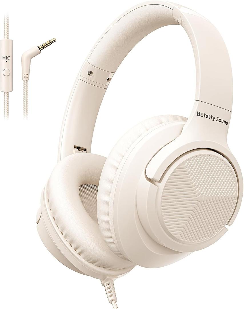 Botesty Sound Headphones Wired with Microphone, Over Ear Foldable 3.5mm Plug in Headphones for Tablet, Laptop, MP3/4, School, Airplane Travel (Beige)