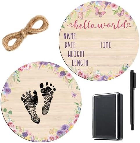 Thyle Baby Announcement Wooden Name Sign for Hospital Birth Double Sided Newborn Welcome Sign with Marker Pen and Ink Pad for Baby Shower Hand Footprints(Butterfly)