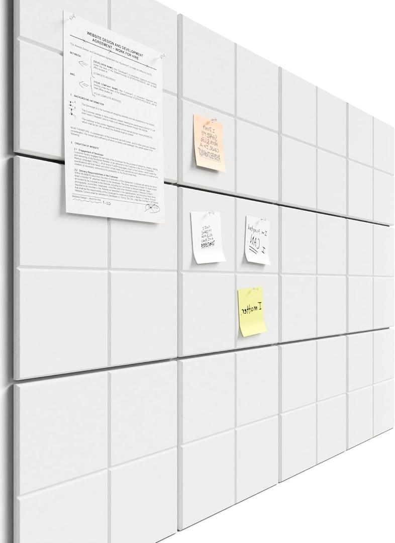 Bumusty Large Felt Bulletin Board, 48" x 36" Cork Board Alternative, 12-Pack Wall Tiles with 4-Compartment Design, 30 Push Pins, 70 Adhesive Tabs, Ideal for Office & Home Decor, Milky White