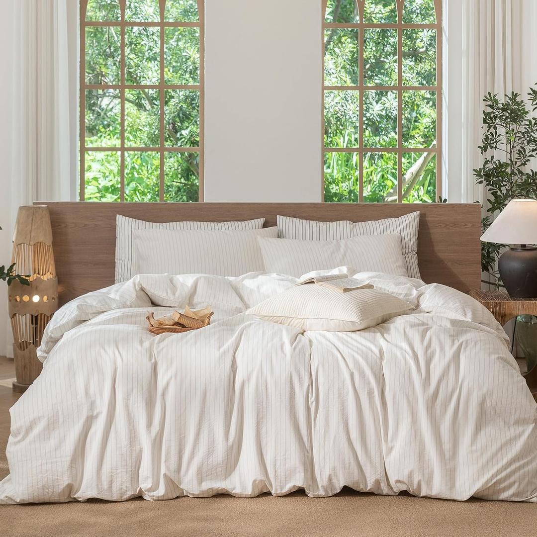 MooMee Striped Duvet Cover Set 100% Washed Cotton Linen Like Textured Breathable Durable Soft Comfy (White Almond Milk Grey Wide Stripes, King 104"x90")