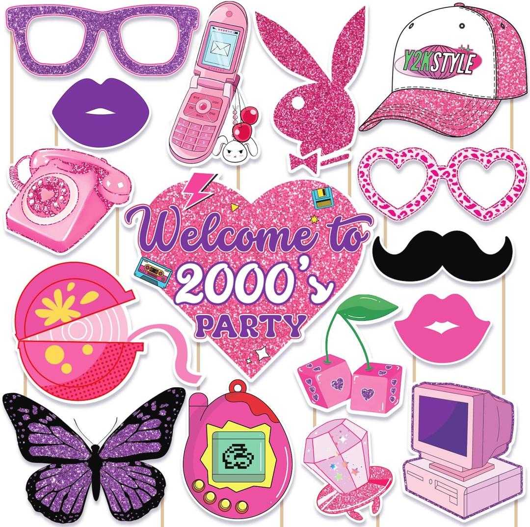 Y2K & 2000s Party Decorations Photo Booth Props Kit, Pink & Purple, Cardboard & Bamboo, 16 Themed Props, Y2K & 2000s Birthday Party Favors & Supplies