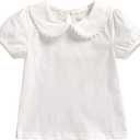 MODNTOGA Kids Baby Girl Long Sleeve Collar Shirt Toddler White Blouse Puff Short Sleeve T-Shirt Solid Color Basic Top Bottom (12-18 Months)