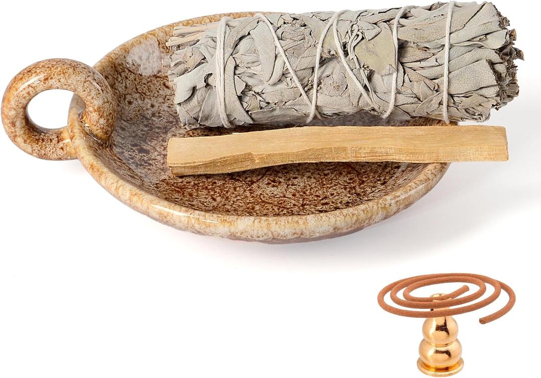 Ceramic Candle Holders with Handle, Palo Santo Holder for Burning, Vintage Farmhouse Smudge Incense Stick Bowl, Sage Burner Tray, Ash Catcher Plate for Meditation Room Home Decor (Khaki) (Brown White)