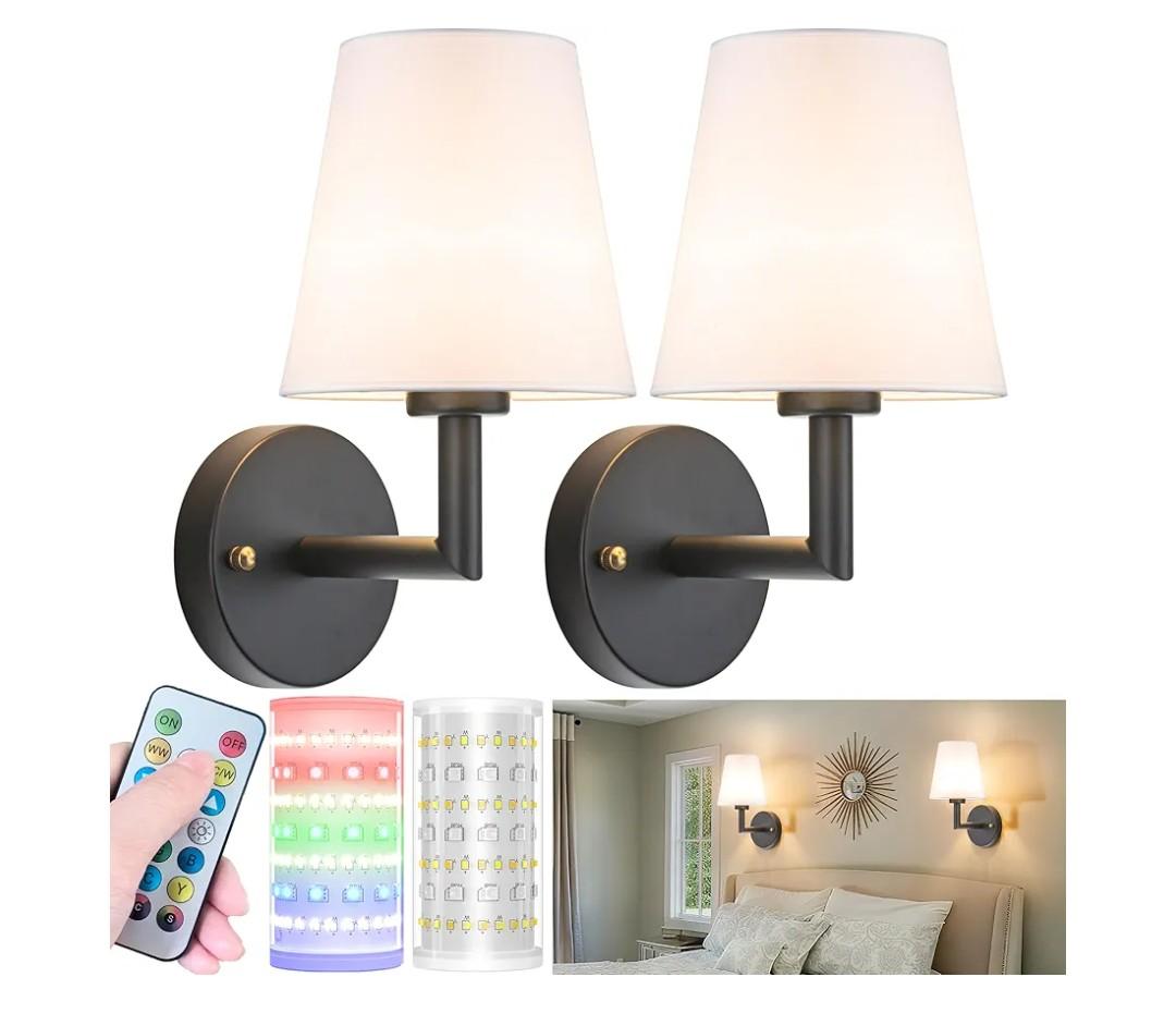 Nekhung Battery Operated Wall Sconces Set of 2, Wireless Wall Light with 10000mAh RGB Dimmable Magnetic Bulb, Rechargeable Wall Sconce with Remote Control for Bedroom Living Room