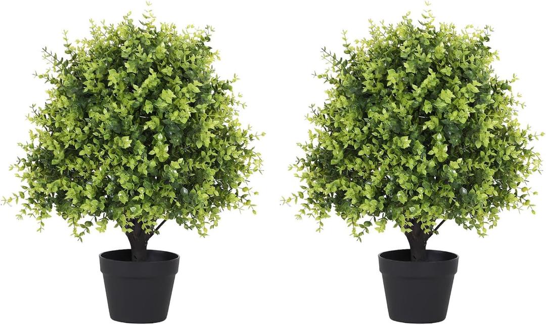 24" Faux Boxwood Plants Outdoor, Artificial Topiary Ball Trees Set of 2, UV Resistant Fake Potted Evergreen Realistic Greenery Bushes Shrubs for Outside Front Porch Planter Patio Indoor Decor 2ft Tall