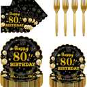 96Pcs 80th Birthday Party Tableware Set,Back in 1965 Birthday Party Decorations Supplies, Disposable Black and Gold 80th Birthdays Paper Plates Napkins Forks Favors for Men Women, Serve 24