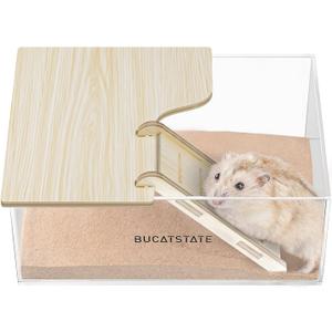 BUCATSTATE Hamster Sand Bath Container with Ladder - Acrylic Shower and Digging Room Litter Box for Mice Lemming Gerbils Small Animal (Rectangle Shaped)