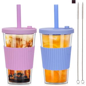 2 Pack Reusable Boba Cups, 17oz Iced Coffee With Straw and Lid, Leakproof Clear Plastic Tumbler, Double Wall Insulated Smoothie Cup, Pastel Violet and Cornflower Blue