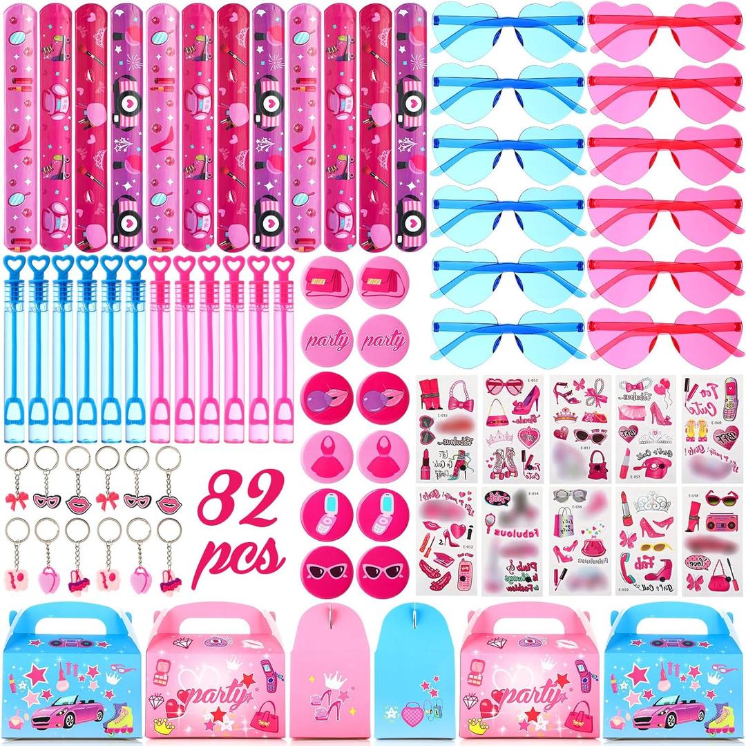 82 Pcs Hot Pink Princess Party Favors Kit Pink Princess Party Supplies Includes Girl Keychains Stickers Bracelets Bubble Waters Sunglasses Button Badge Gift Box