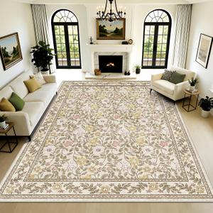 8x10 Area Rugs for Living Room, Floral Vintage Washable Large Soft Non-Slip Low Pile Carpet Indoor Floor Stain Resistant for Bedroom Dining Room, Beige/Multi