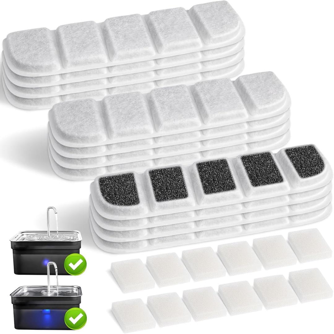 24 Pack Replacement Filter for SIBAYS & Kastty 355oz / 2.8Gal / 10.5L Large Dog Water Fountain(FS70), 12 PCS Coconut Shell Activated Carbon Pet Water Fountain Filters with 12 Pack Sponges(P/N:L07)