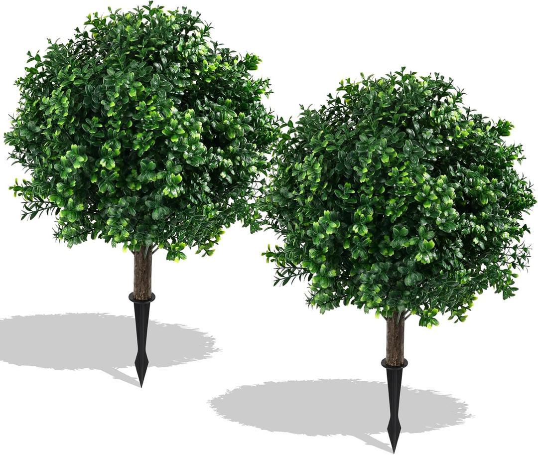 24" High, 14" Diameter Artificial Boxwood Topiary Ball - Set of 2 with Stakes UV-Resistant & No Maintenance Faux Shrubs Trees for Outdoor Decor, 2ft Fake Plants That Look Real