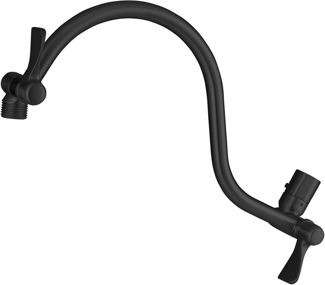 Voolan All Metal Shower Head Extension Arm, 14 Inch Curved Solid Brass Adjustable Shower Arm, Universal Connection Pipe, Flexible Height, Matte Black