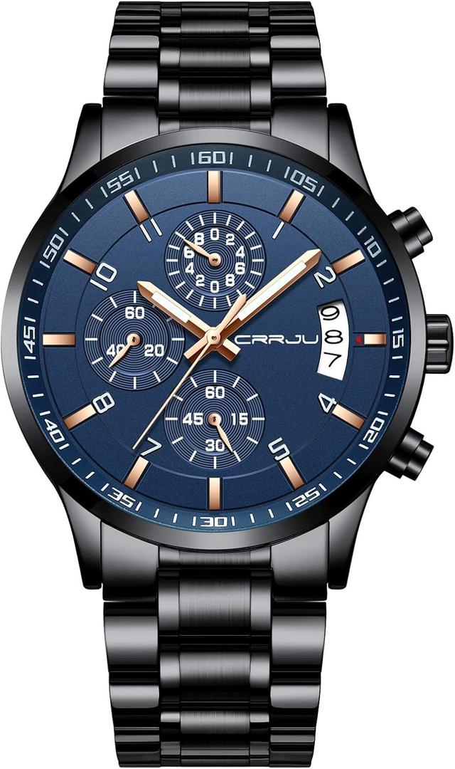 CRRJU Mens Watches Luxury Casual Quartz Analog Black Stainless Steel Waterproof Chronograph Wrist Watches for Men