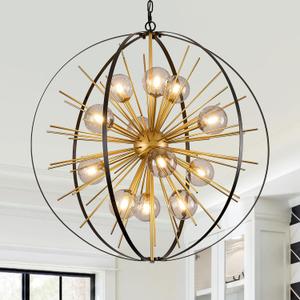 Large 31" Black Gold Mid Century Sputnik Chandelier 12 Lights Modern Ceiling Firework Globe Pendant Lighting with Smoke Class Lampshades for Foyer Staircase Entryway Living Dining Room