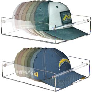 FEMELI 2 Packs Hat Organizer for Baseball, Each Acrylic Hat Racks Organizer Fit 10 Caps, Sturdy Wall Mount Holder for Men Baseball Cap Storage (Clear)