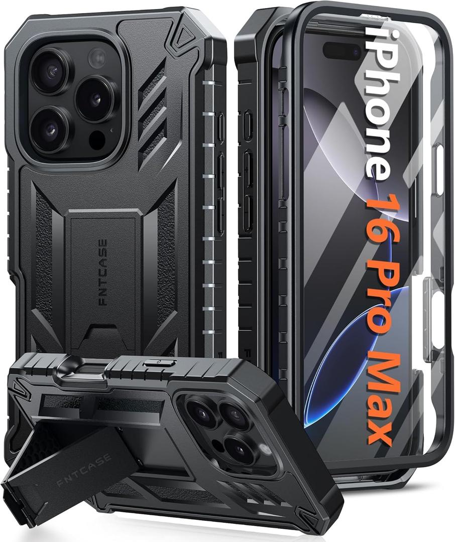 FNTCASE for iPhone 16 Pro Max Case: Military Grade [Built-in Screen Protector] [Kickstand] Matte Textured Drop Proof Protection Cover | Rugged Shockproof TPU Protective Sturdy Phone Cases - Black
