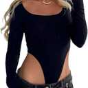 Women's Scoop Neck High Cut Long Sleeve Bodysuit Double Lined Sexy Body Suits Tops (All Black, XS)