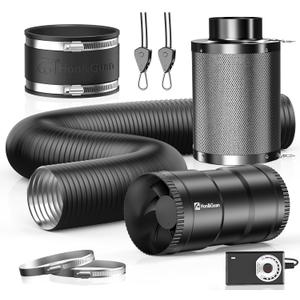 Hon&Guan 4" Air Filtration Kit: 4 Inch Inline Duct Fan with Speed Controller, 10" High Carbon Filter, 8 Ft Ducting & Rubber Coupler, Ventilation System for Grow Tents, Indoor Gardening, Hydroponics