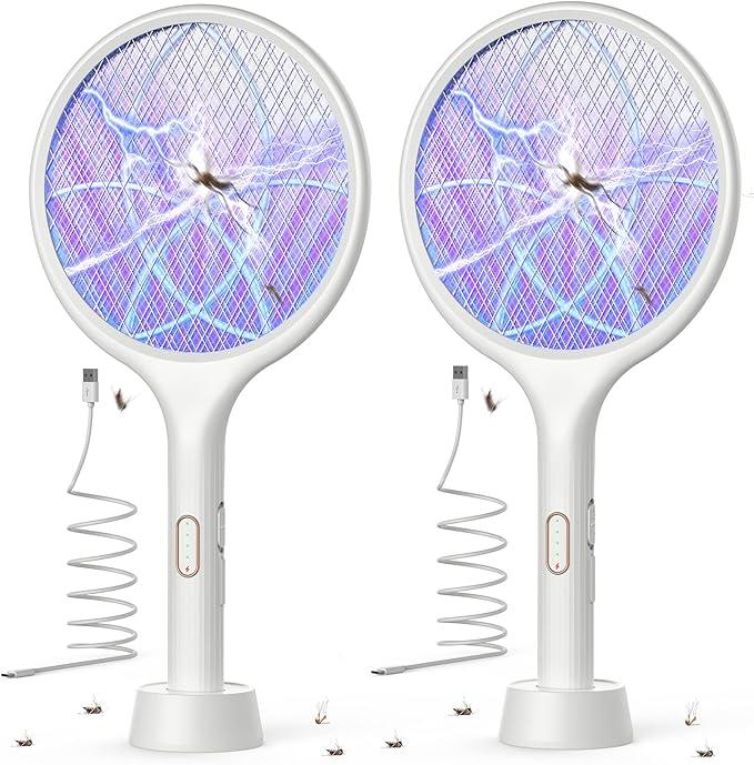 ISSVIC Electric Fly Swatter 4000V Bug Zapper Racket Dual Modes Mosquito Killer with Purple Mosquito Light Rechargeable for Indoor Home Office Backyard Patio Camping
