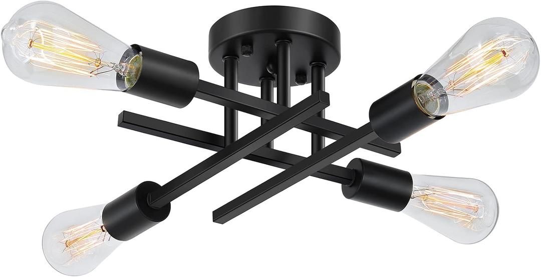 SunRider Industrial 4-Light Semi Flush Mount Ceiling Light Fixture, Modern Farmhouse Lights Matte Black, Rustic Sputnik Chandelier for Bedroom Foyer (Large)