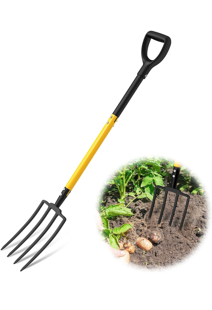 Pitch Fork, 4 Tine Heavy Duty Garden Fork with Ergonomic No-Slip D-Grip Handles, 45 Inches Long Handle Spading Fork, Perfect for Gardening Digging, Land Management, Yard work, Farming (Black)