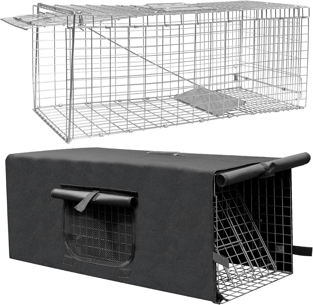 Live Feral Cat Trap Cage with Cover, Heavy Duty Folding Animal Traps Cage for Stray Cats, Humane Cat Trap for Raccoon, Squirrel, Skunk, Catch and Release - (32 x 10 x 12 inches)