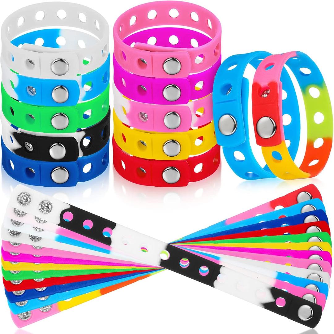 Yinkin 24 Pcs Silicone Charm Rubber Bracelets for Kids Adjustable Party Gifts Silicone Wristbands Bracelets with Holes for Shoe Charm Girls Boys Birthday Party Award, 12 Colors