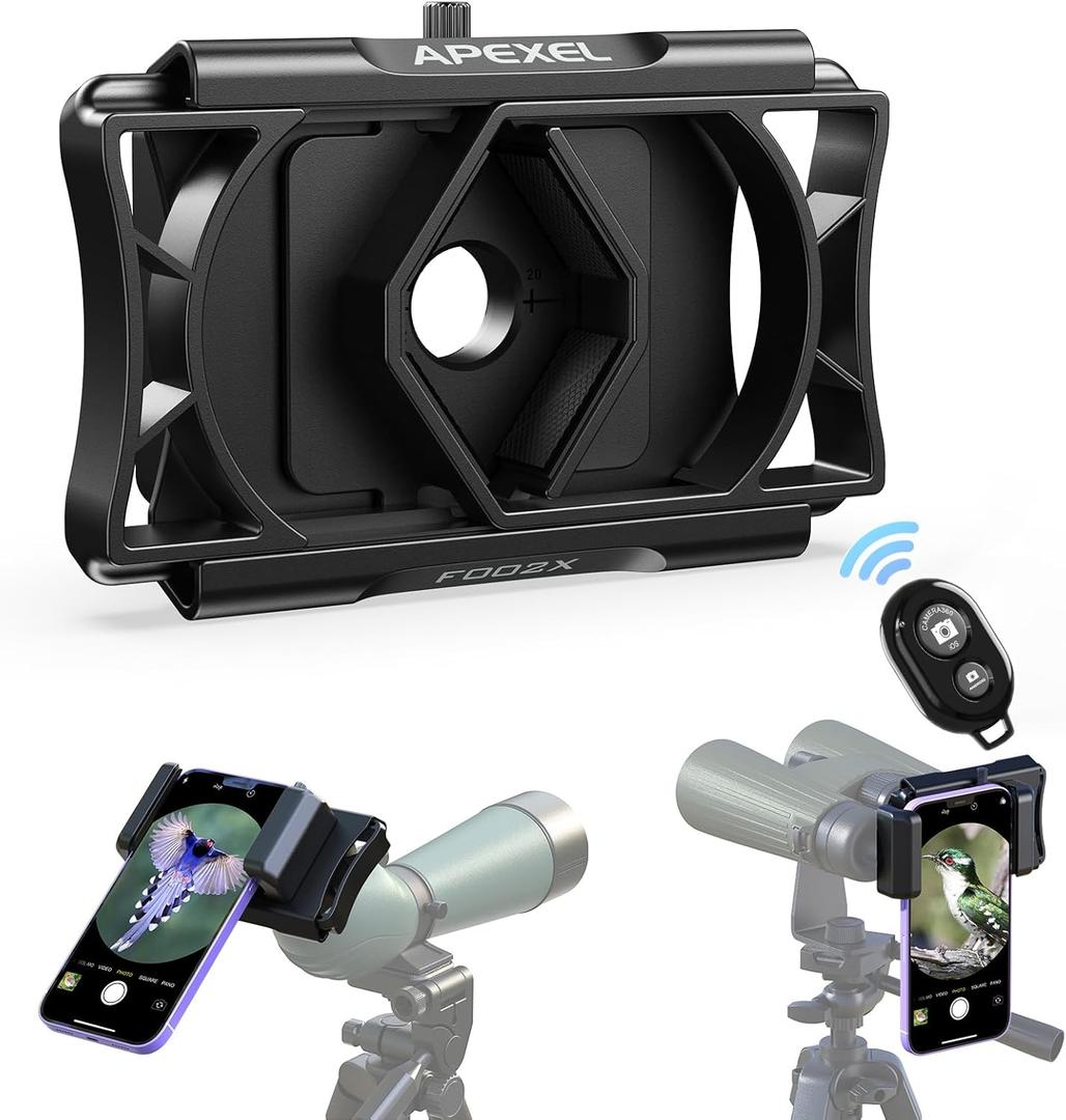 APEXEL 360 Telescope Phone Adapter, Upgraded Binocular Photo Adapter for Android & iPhone, Smartphone Mount for Telescope, Monocular, Microscope, Spotting Scope. (Including Bluetooth Shutter Remote) (Black)