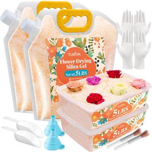 10LBS Silica Gel Flower Drying,Reusable Flower Drying Silica Gel Crystals with 2PCS 6L Airtight Containers, Color Indicating Flower Preservation Kit for Drying Flowers Bead Size<1mm