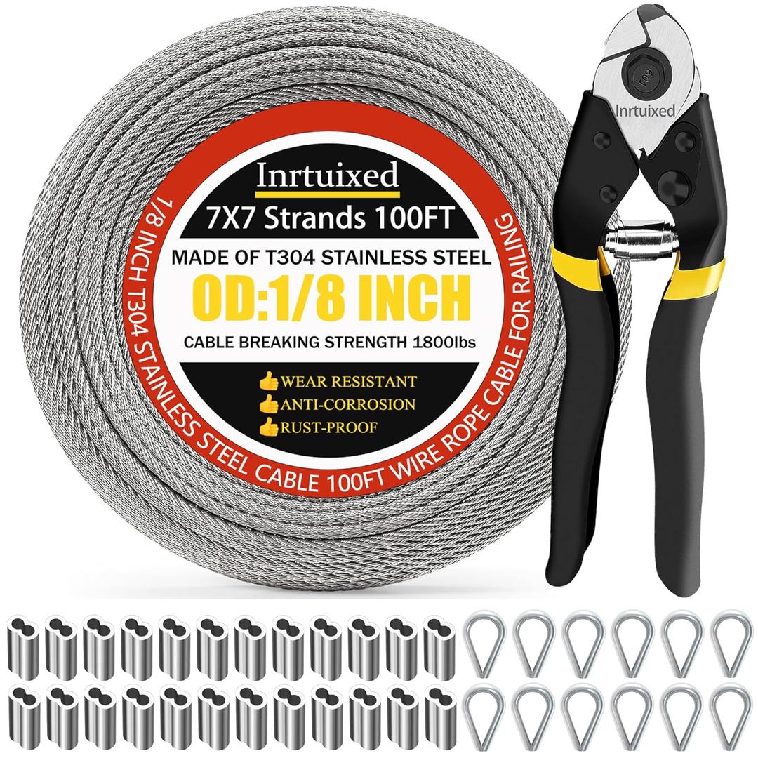 Intrux 1/8" Stainless Steel Cable with Cutter, 100FT Wire Rope with Loop Sleeve and Thimble, 7x7 Strand Core Metal Wire for Garden, Deck Cable Railing Hardware Kit